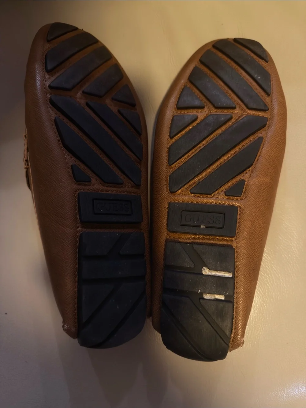GUESS Brown Leather Slip-On Loafers with Navy Stripe Detail